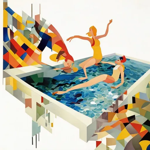 Prompt: a kitchen sink vorticism painting with a person swimming