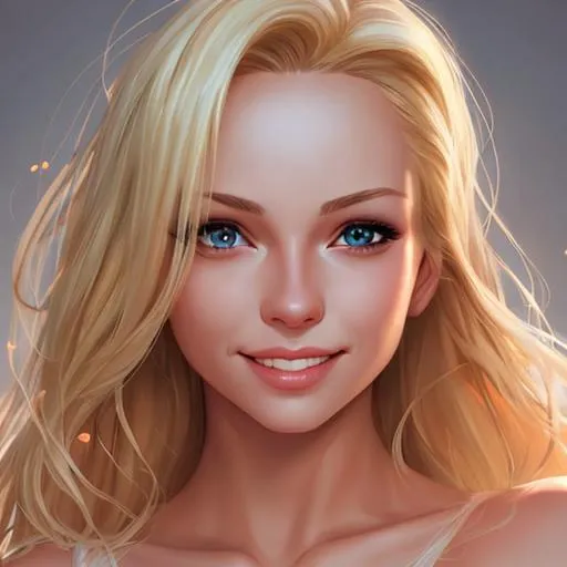 Prompt: A beautiful woman smiling, full , blond hair, Beautiful eyes, Beautiful lips, 8k, highly detailed, digital painting, soft lighting Cammy
