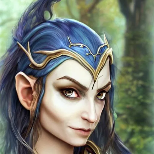 Prompt: "I would like to commission a highly realistic and extremely detailed face portrait of an Elf female character from Warcraft. The character should be modeled after an Medieval young princess with beautiful long, curly, and wavy black hair, thin arched eyebrows, and striking blue eyes. She should be wearing a black clothes and an intricate crystal circlet on his forehead. The artwork should be created in either 4K or 16K resolution and should be of photo realistic quality."