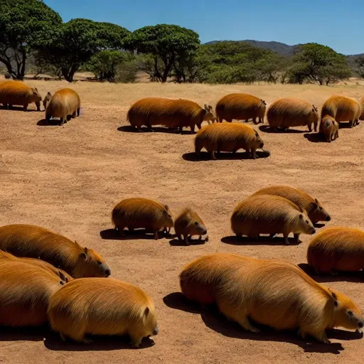 Prompt: A cinematic scene of a army of capybaras