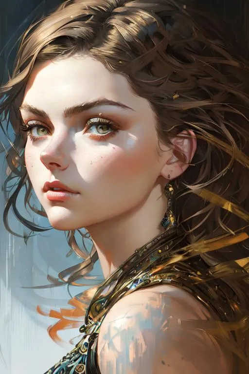 Prompt: Intricately detailed head and shoulders portrait of beautiful girl, Julia Voth Camren Bicondova, By David Kassan, By Ruan Jia, Cover art, maximalism, delicate, Romantic, Oil painting, Complimentary colors