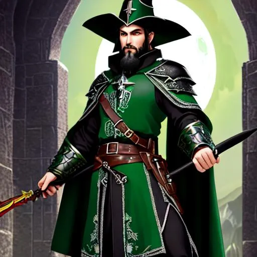Prompt: A male elven assassin wearing a short black and green medieval spanish inquisition style robes, with medieval germanic chainmail armor, with a wide green and black sun hat. short black hair, long black beard.