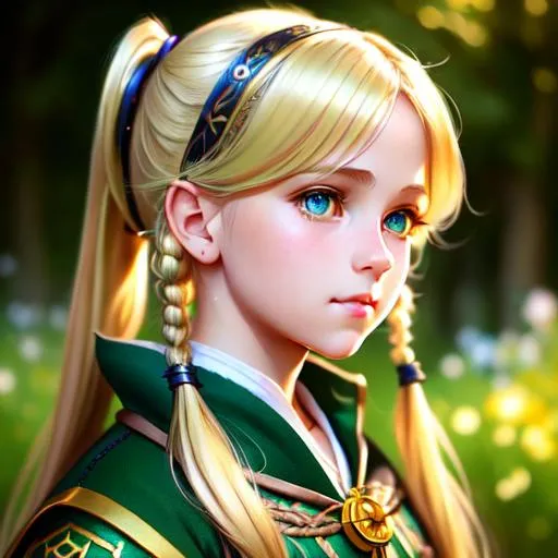 Prompt: a blonde hair, pigtails, innocent looking, Novi grad, 12 years old cute girl, green eyes, beautiful exquisite imaginative exciting, full pose with relaxed pose, medieval clothes, by roan jia, tom Bagshaw, Alphonse Mucha, Krenz lovely girl beautiful, dnd token, vray render, artstation, deviantart, pinterest, 5 0 0 px models, evening
