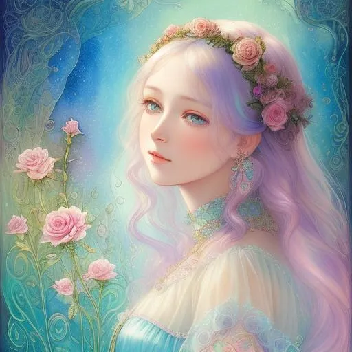 Prompt: transparent, soft, pastel translucent, iridescent Water color, pencil, Painting, intricately detailed, Romantic, enchanted rose girl, feminine, poet, Smooth, Vibrant, Josephine Wall, pop surrealism, zen, jean auguste dominique ingres, highest quality, 32k, mucha, endre penovac, Laura sava. Full lips