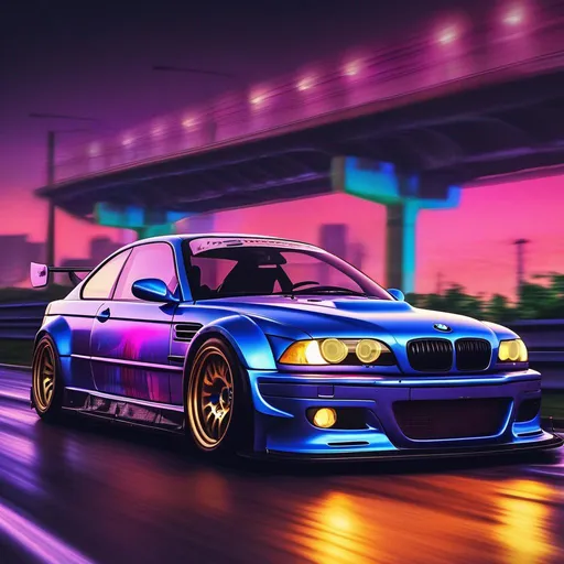 Prompt: 2001 BMW M3 E46 GTR, synthwave, aesthetic cyberpunk, miami, highway, dusk, neon lights, coastal highway, dusk, neon lights, coastal highway, sunset, drift, nurburgring, water on the road, blade runner, 64k, watercolor, macro sharp focus, 8, hyper realistic, cinematic, highly detailed, photoraelistic, clean, metallic, 3d, futuristic