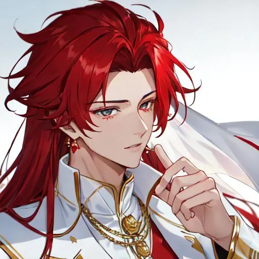 Prompt: Zerif 1male (Red side-swept hair covering his right eye) wearing a royal suit, white shawl, wedding