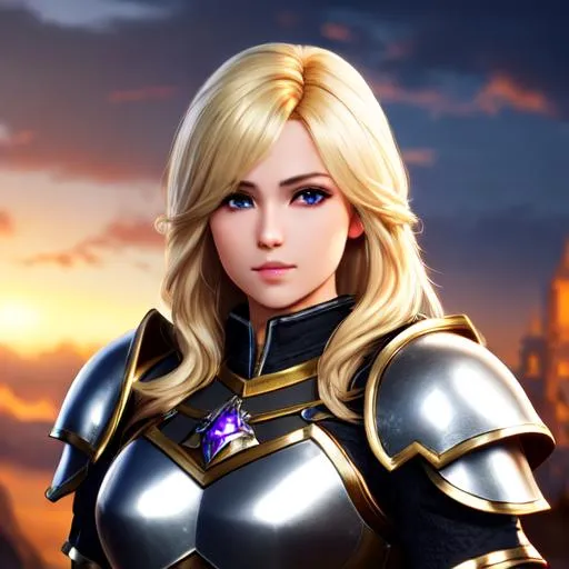 Prompt: 8k resolution hyper realistic full body picture of 8k resolution ultra realistic full body picture of a beautiful girl, blonde hair, wearing shiny iron armor with more detail, in fantasy world 