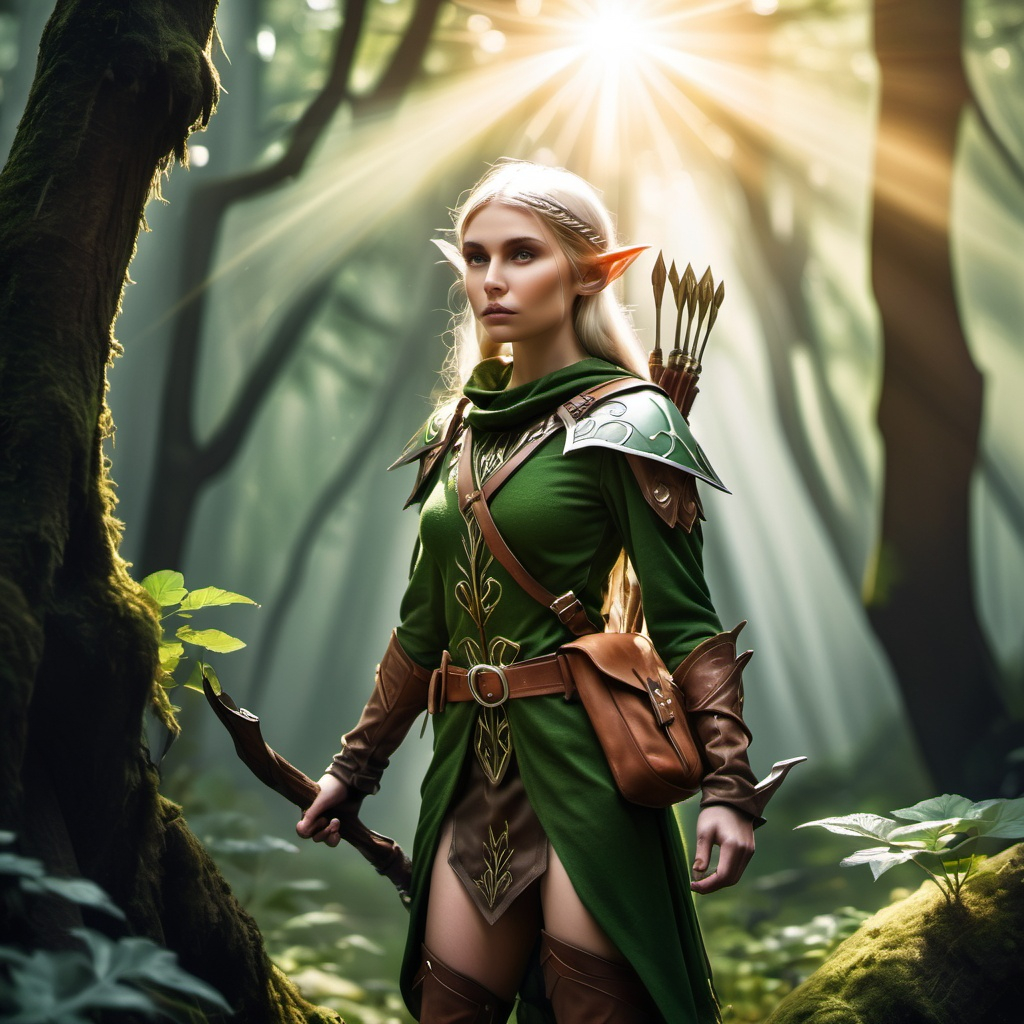 Elf ranger in a mystical forest around sunlight