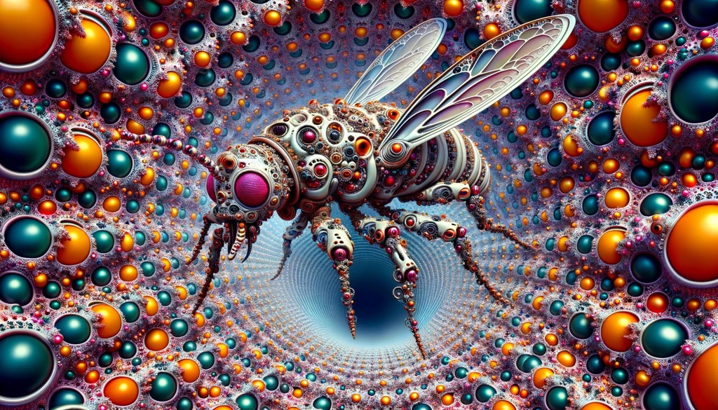 Prompt: cyborg insects emerge from the whirlpool of mandelbrot madness in wide ratio