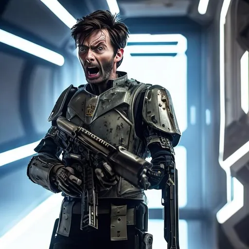 Prompt: A 28 year old David Tennant shouting angrily wearing an armored futuristic scifi military uniform and holding an advanced exotic shotgun in full color