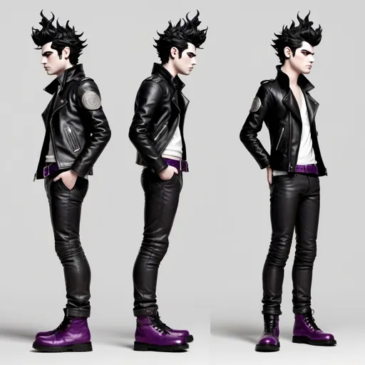 Prompt: Homestuck. Cronus Ampora. Fullbody view, plain background. Met gala, high quality render. High fashion. gray skin. Leather jacket, seadweller, greaser, purple belt