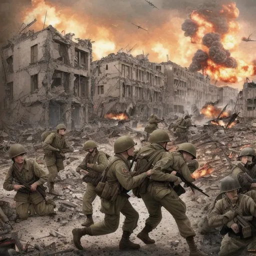 Prompt: "Create a detailed illustration of a WW2 battle with soldiers. The scene should be set in a war-torn European city, with bombed-out buildings and rubble scattered throughout the streets. The soldiers should be dressed in military uniforms and carrying weapons, such as rifles, submachine guns, and grenades. They should be engaged in intense combat, with gunfire and explosions filling the air. Some soldiers should be taking cover behind overturned vehicles or ruined buildings, while others charge forward or provide covering fire. There should be smoke and dust swirling around the scene, obscuring visibility and adding to the chaos. The illustration should capture the intensity and brutality of the conflict, with a sense of danger and urgency." detailed 4K