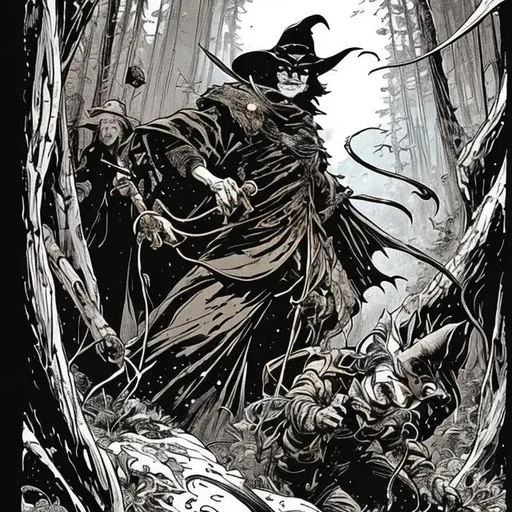 Prompt: moebius, comic style, black and white, high contrast, brush ink, gritty, detailed, fantasy witch with toothless grin skinning a rabbit in a dark forest