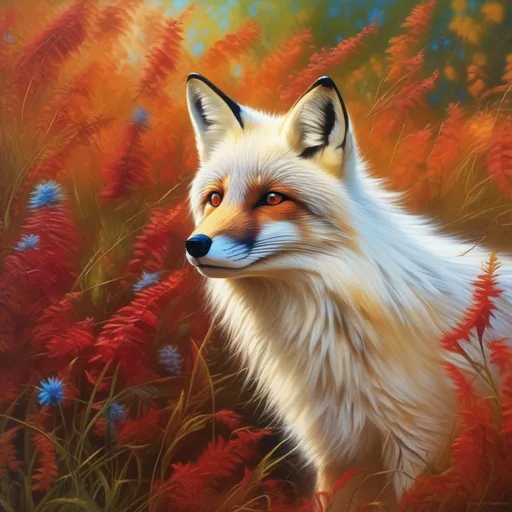 Prompt: (blue fox), realistic, photograph, epic oil painting, (hyper real), furry, (hyper detailed), extremely beautiful, (on back), gleaming burnt sienna eyes, red eyes, white chin, UHD, studio lighting, best quality, professional, photorealism, masterpiece, ray tracing, 8k eyes, 8k, highly detailed, highly detailed fur, hyper realistic thick fur, (high quality fur), fluffy, fuzzy, close up, rear view, hyper detailed eyes, perfect composition, ray tracing, masterpiece, trending, instagram, artstation, deviantart, best art, best photograph, unreal engine, high octane, cute, adorable smile, lying on back, flipped on back, lazy, peaceful, (highly detailed background), cliffside, overlooking river, overlooking abandoned town, overgrown with nature, vivid, vibrant, intricate facial detail, incredibly sharp detailed eyes, incredibly realistic fur, concept art, anne stokes, yuino chiri, character reveal, extremely detailed fur, sapphire sky, complementary colors, golden ratio, rich shading, vivid colors, high saturation colors, nintendo, pokemon, silver light beams