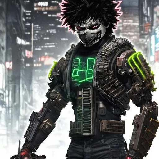 Prompt: Muscular vigilante Deku. Futuristic Shogun styled armour and mask. cyber enhancements. Scars, tattoos and piercings. Dark and edgy with neon accents. Cyberpunk style. Raw. Gritty. Dirty.