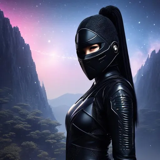 Prompt: create photograph of beautiful female ninja who is wearing bright black futuristic ninja suit,  night time and beautiful sky  space and planets an nebulae in sky highly detailed, detailed face, extremely detailed environment, extremely detailed background, extremely detailed skin, extremely detailed clothing, natural colors , professionally color graded, photorealism, 8k, realistic, moody lighting, galactic environment, volumetric lighting