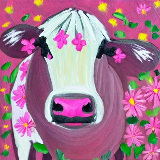 Prompt: Modern art of cow with daisies in hair and pink tones 