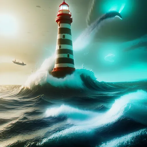 Prompt: wave hitting a lighthouse, vast watery plane, surrounded by huge kraken shadow in the deep ocean, eerie deep, Rainfall,  mechanical machine on the grid, while someone are inventing a mini blackbox power source