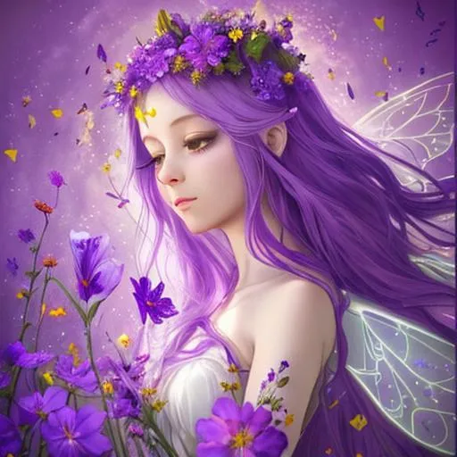 Prompt: fairy goddess of wildflowers ethereal,dreamscape, purple and yellow colors, closeup