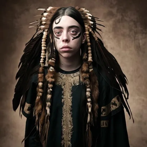 Prompt: beautiful billie eilish, skinny, anorexic, underweight indian face paint, indian feather head dress, tall, brown, tan, beige robe