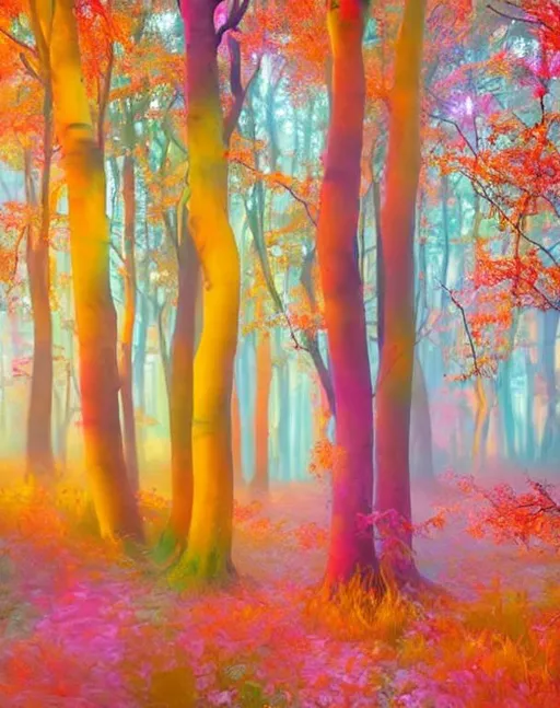 Prompt: A  beautiful colorful forest by Hundertwasser, Guido Borelli, Cornelis Springer,mike campau. Very beautiful, beautiful lit, clear resolution, photofinish quality.