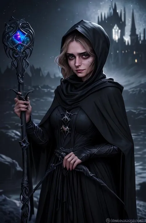 Prompt: A beautiful young European woman with a runny makeup from crying and a worried look on her face, she is wearing a dark cloak and a cowl that mostly covers her features. She holds a magic staff in her right hand, the staff has a shining jewel on top of it. Portrait. At night. Sinister cosmic lights in the background.