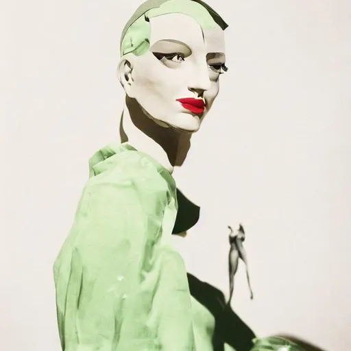 Prompt: Vogue beauty / cosmetics editorial photograph depicting Maggie Maurer a Schiaparelli model posing in the style of Lee Miller and Man Ray inside of the MOMA gallery, 1930’s mannequin. Very surreal lots of clothes everywhere fashioned into a mountain of clothes.  ultra detailed, highest detail quality, ultra realistic, close up photo, photographed analogue film photography, contrast lighting, deep shadow , photorealistic, quality rendering, octane rendering, focused, 8k, depth of field, real shadow, cinematic noise, vfx post production, rtx ray tracing lighting, detailed hands and fingers very beautiful. Henry Moore art 