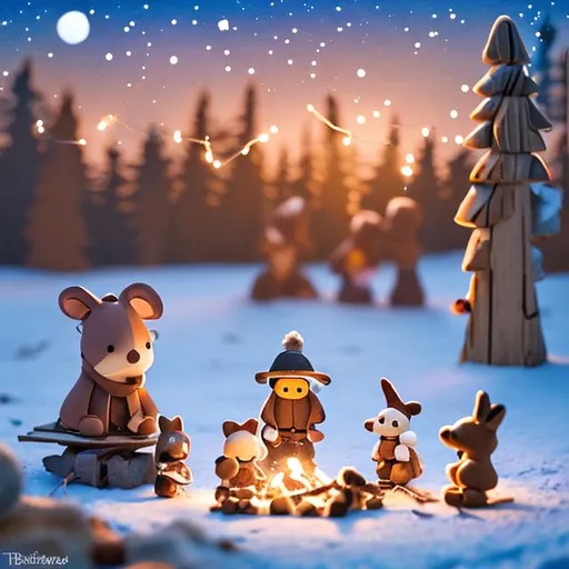 Prompt: tiny friends and a dog making smores at tiny wooden campfire string lights on a starry night in the snow
