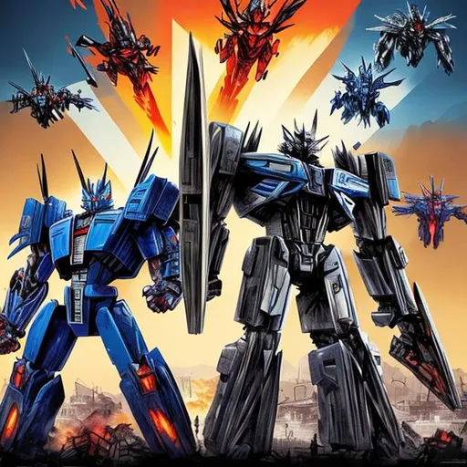 Prompt: cool looking poster cover of all the transformers battling it out on a war field with the title transformers written in big blocky cyber looking letters on the top of the poster cover