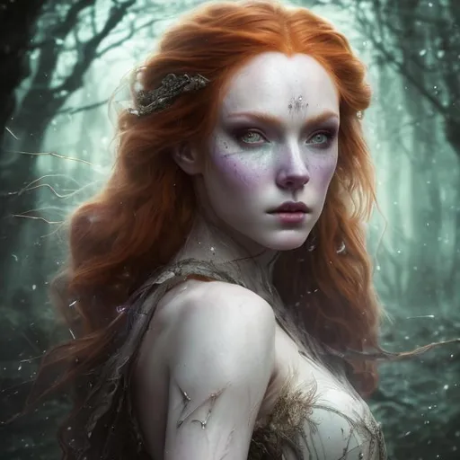 Prompt: Detailed fantasy 8k mystical light portrait of a witch with ivory clear skin, long redhead hair and deep purple eyes. Gorgeous hot body, she wears rich aderent green dress, night light, forest, dramatic, charming pose, frontal, magical, fantasy, 8k, high detailed, dramatic light