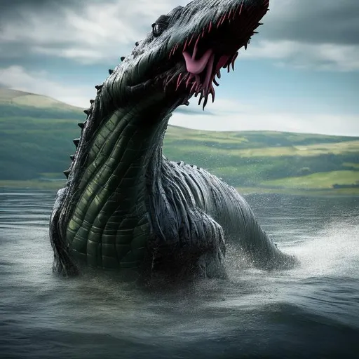 Prompt: the loch ness monster coming out of a lake 8k realistic