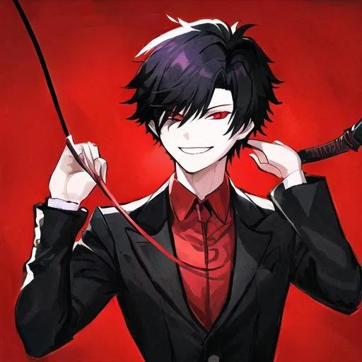 Prompt: Damien (male, short black hair, red eyes) grinning seductively, holding a whip