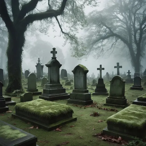 Prompt: Overgrown cemetery on a misty day, realistic, detailed tombstones covered in moss, eerie atmosphere, misty, foggy, haunting, highres, realistic, atmospheric lighting, somber color tones, detailed vegetation, overgrown, haunting, mist-covered, weathered tombstones, eerie ambiance, atmospheric fog, detailed cemetery scene