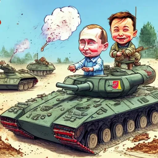 Prompt: Toddler Putin scoring points in the sandbox with little Elon Musk, "scattered, toppled, broken, burned, and smoking Ukraine toy tanks," Sergio Aragonés MAD-Magazine style