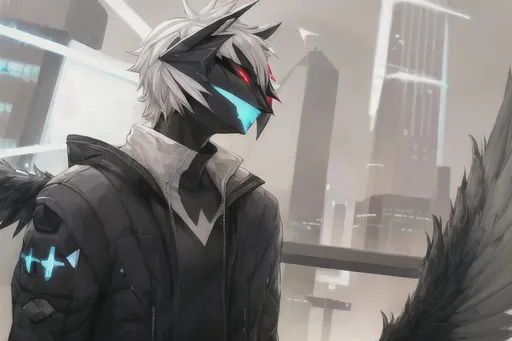 Prompt: a male protogen fursona, well drawn, masterfully drawn, 4k, HD, thunderbird with lightning wings, cyberpunk headshot without cat ears 1male