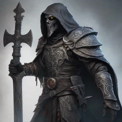 Prompt: Tall, grey zombie male, with face completely covered with dark robed light armor with a dark mask that covers everything but his eyes with a massive brand tattoo wrapping around his left arm modeled after a  barbarian warlock using a very large axe based on dungeons and dragons fifth editon