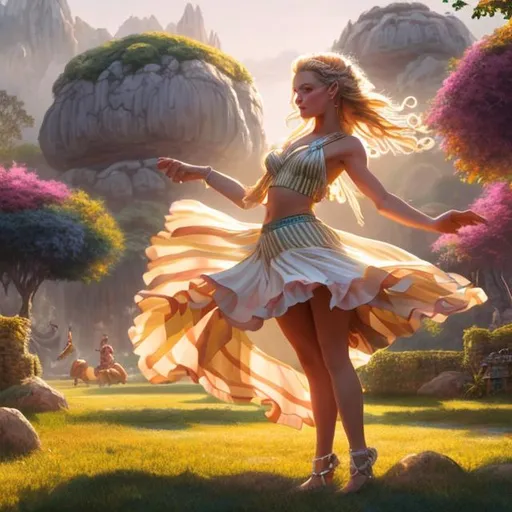 Prompt: Concept art of a beautiful blonde cavewoman ayla dancing at the millennial fair from chrono trigger, outdoor fairgrounds, grass, trees, colorful striped pavillions, by stanley artgerm lau, wlop, rossdraws, james jean, andrei riabovitchev, marc simonetti, and sakimichan, tranding on artstation