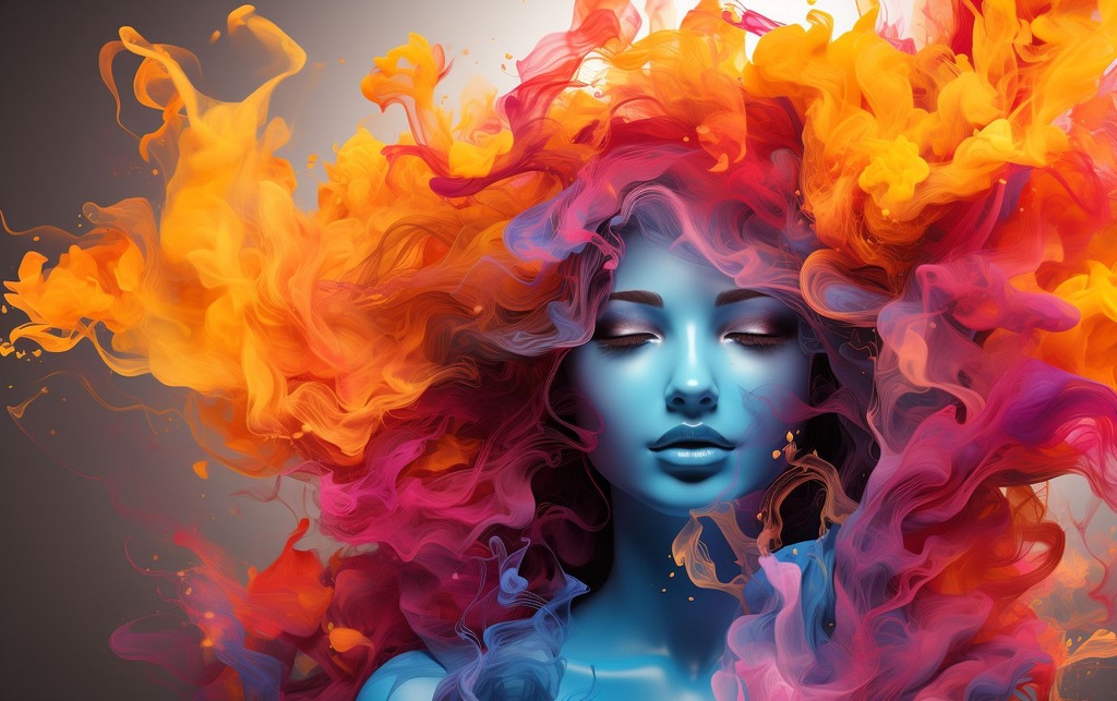 Prompt: vector transparent girl made of colorful smoke and fire