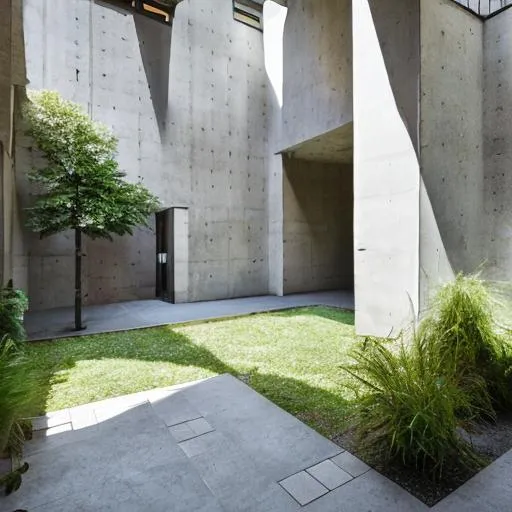 Prompt: an enclosed courtyard a brutalist architecture with lots of natural light.