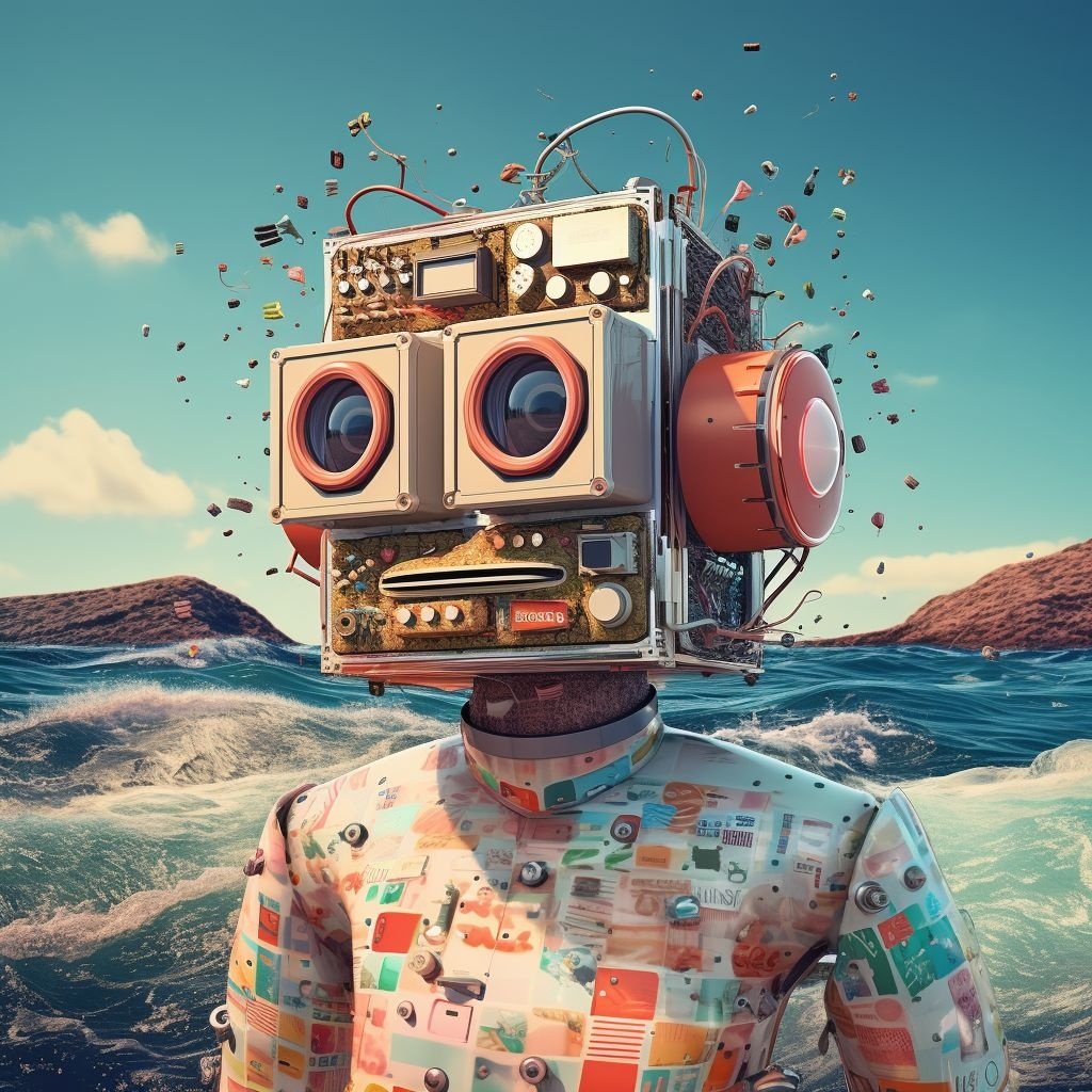 Prompt: 'sea robot' by matt mcculloch, in the style of postmodern portraiture, 4k, cubo-futurism, vintage cinematic look, colorful caricature, george christakis, vhs