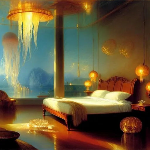 Prompt: Cozy bedroom filled with water and jellyfish, Masterpiece, top quality, best quality, official art,  art by J.M.W Turner
