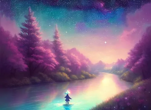 Prompt: aesthetic, pastel, beautiful, painting, cute, soft, art, RPG, highres, illustration, night sky with many stars, wonderland, river, person carrying lantern
