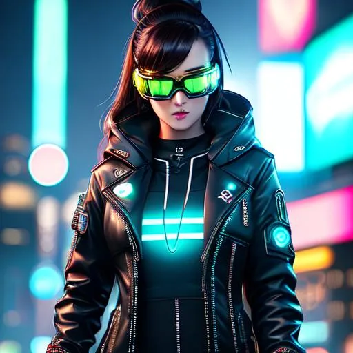 Prompt: oil painting, Post Modern Cyberpunk Background with Neon Lights Scattered in Bokeh, UHD, hd , 8k, hyper realism, Very detailed, Cyberpunk Cybernetics enhanced zoomed out view of character, full character visible, brunette female character, she has cyberpunk goggles resting on her forehead has a guitar Charming and Appealing characters. Cyberpunk themed attires.