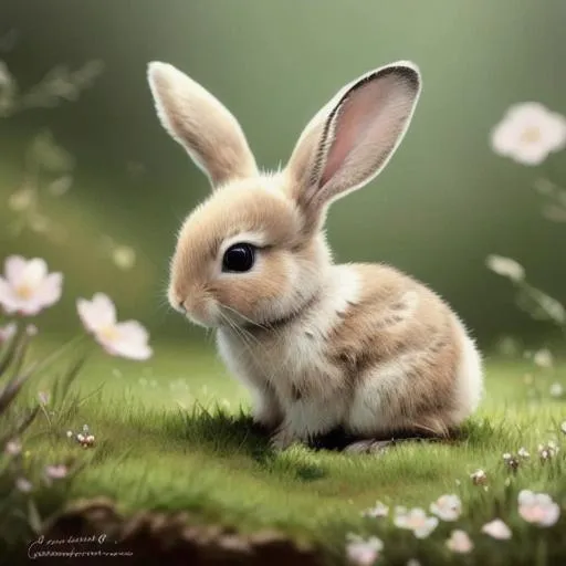 Prompt: A extremely detailed close up photo of a cute lovely baby bunny in a French nature landscape, surreal, spring, detailed, intricate, elegant, lithe, highly detailed, digital painting, artstation, concept art, smooth, sharp focus, illustration