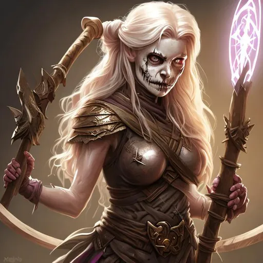 Prompt: Full body splash art of a sweet, youthful, female undead zombie sorceress, skull nose, blue eyes, very long brown blonde hair, wearing long light-colored iridescent robe, carrying a wooden staff, D&D, dnd, fantasy, highly detailed, sharp focus, digital painting, artstation, 4k, 8k