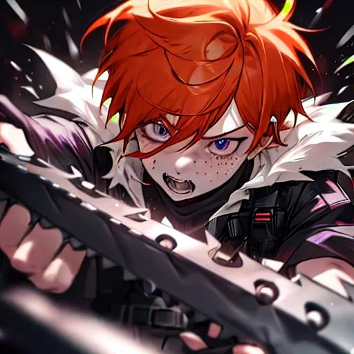 Prompt: Erikku male adult (short ginger hair, freckles, right eye blue left eye purple) UHD, 8K, Highly detailed, insane detail, best quality, high quality, fighting with a chainsaw