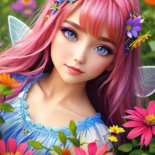 Prompt: Fairy of summer, vivid colors,large eyes, warm coiors, wildflowers, closeup