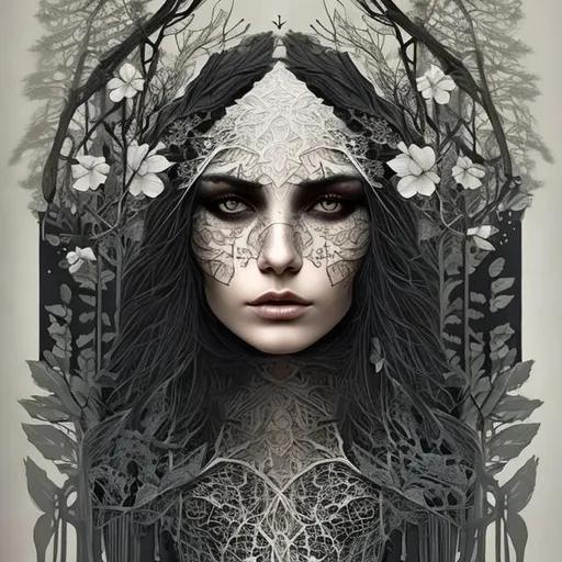 Prompt: "raven face woman, forest, white lace, black leaves, flowers, white background, intricate, detailed, christian schloe"