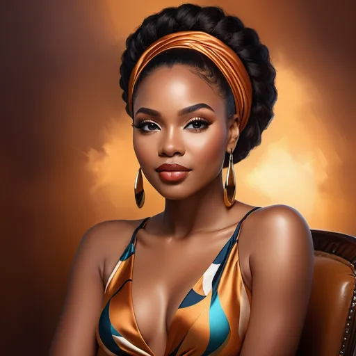 Prompt: High-resolution digital painting of a confident black woman, sleek and modern design, rich skin tones, detailed facial features, elegant and regal posture, vibrant and colorful background, professional digital rendering, contemporary art style, warm and inviting lighting, high quality, ultra-detailed, digital painting, modern, confident, regal attitude, vibrant colors, detailed facial features, sleek design, warm lighting