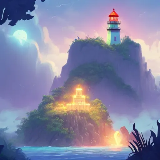 Prompt: Animated tropical island with magic and all kinds of people. There is a high priest, a warrior who watches the lighthouse for newcomers, and a girl trying to enter the island at night through the fog on a lifeboat with a lantern.